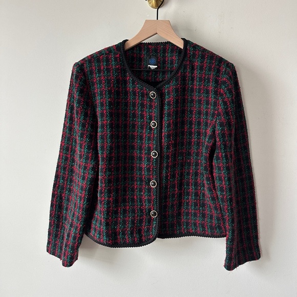 Vintage Red, Black & Green Plaid Boucle Tweed 2 Pc Skirt Suit Sz12 By: Panthers - Picture 13 of 14